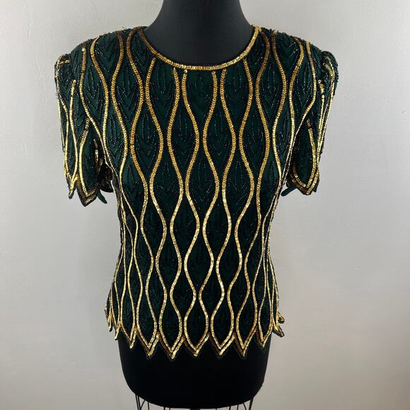 VINTAGE STENAY Green Gold Sequin Short Sleeve Crewneck Scalloped Top Size PS - Picture 2 of 8